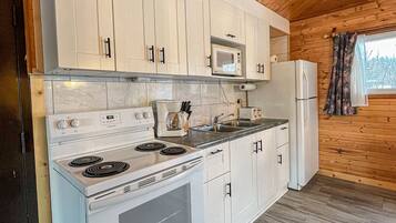 Een koelkast, een magnetron, een oven, een kookplaat