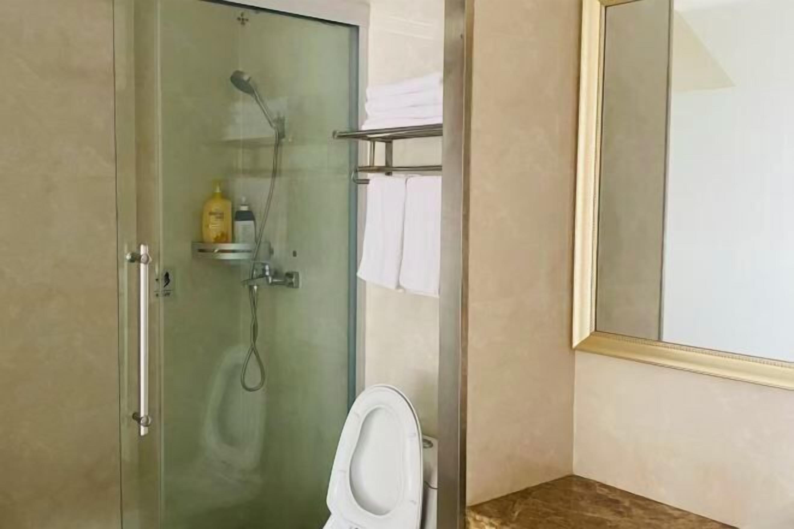 A bathroom with a glass-enclosed shower, a toilet, and a mirror.