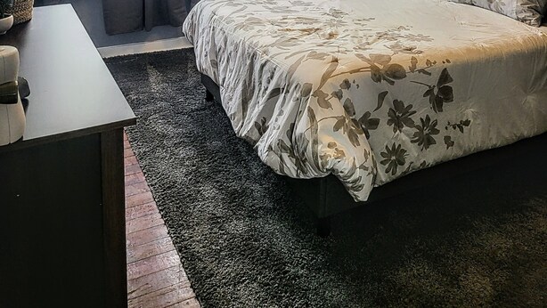 A bedroom with a bed, a desk, a lamp, and a ceiling fan. - Bright & Cozy, near downtown & hiking trails (Birmingham)