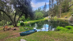 A serene lakeside setting with a canoe, a bench, and a small boat dock.