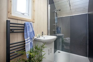 Shower, hair dryer, towels