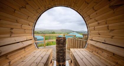 Kestrel Yurt sleeps up to 6 guests with hot tub and views across Wether Fell