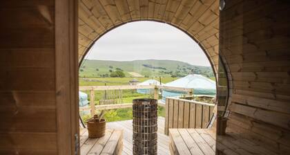 Kestrel Yurt sleeps up to 6 guests with hot tub and views across Wether Fell