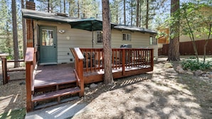 A cabin with a wooden deck, a green door, and a covered outdoor seating area.