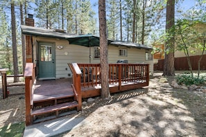 Une cabane dotée d’une terrasse en bois, d’une porte verte et d ’un espace extérieur aménagé avec des sièges.