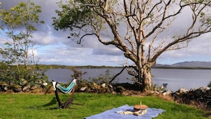 Uma rede e um piquenique à beira de um lago, com uma grande árvore, uma manta e uma cesta.