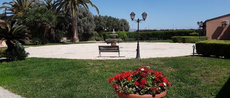 A landscaped area with a paved walkway, benches, and a large potted plant with red flowers.