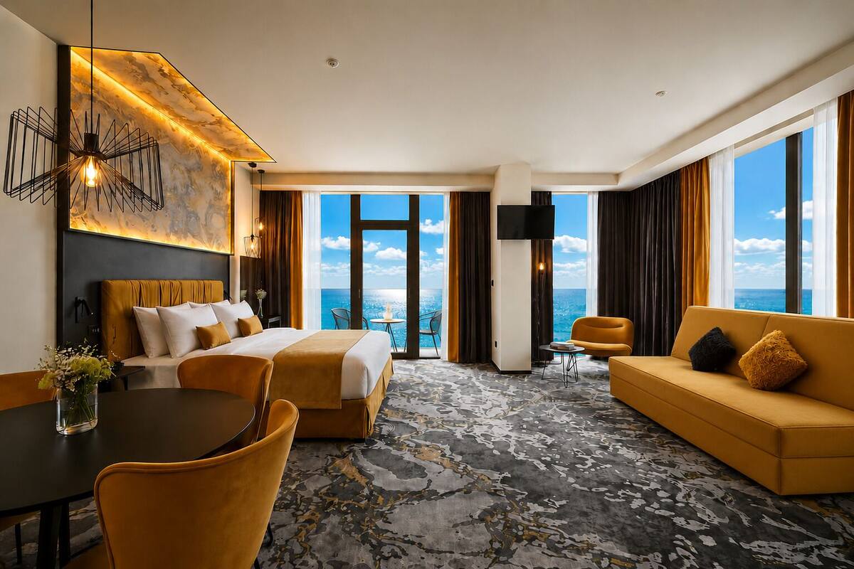 Ein Hotelzimmer mit Bett, Sofa, Esstisch und Stühlen. Es bietet ein großes Fenster mit Meerblick.