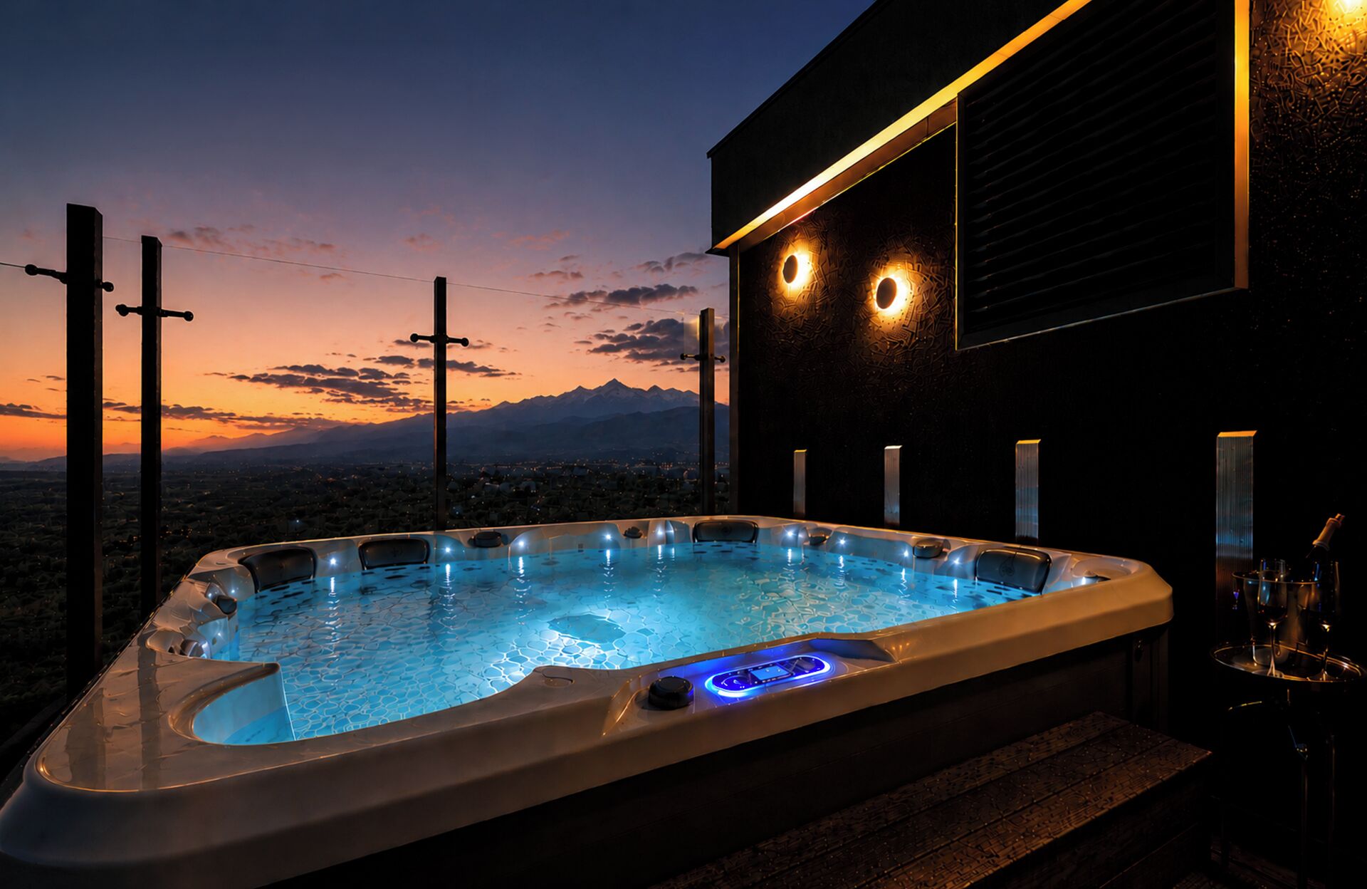 A hot tub with a control panel, surrounded by a dark building with a mountain view.