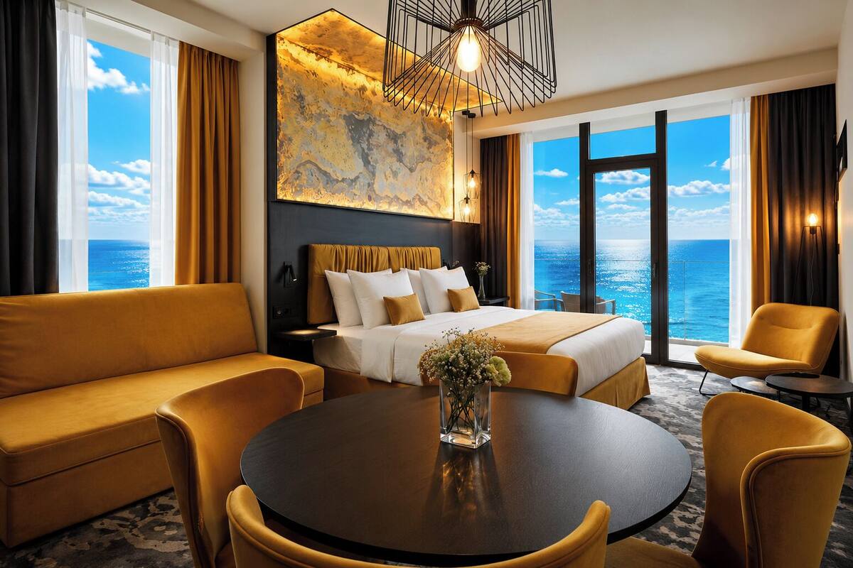 Ein Hotelzimmer mit Bett, Sofa und rundem Tisch, große Fenster mit Blick auf den Ozean.