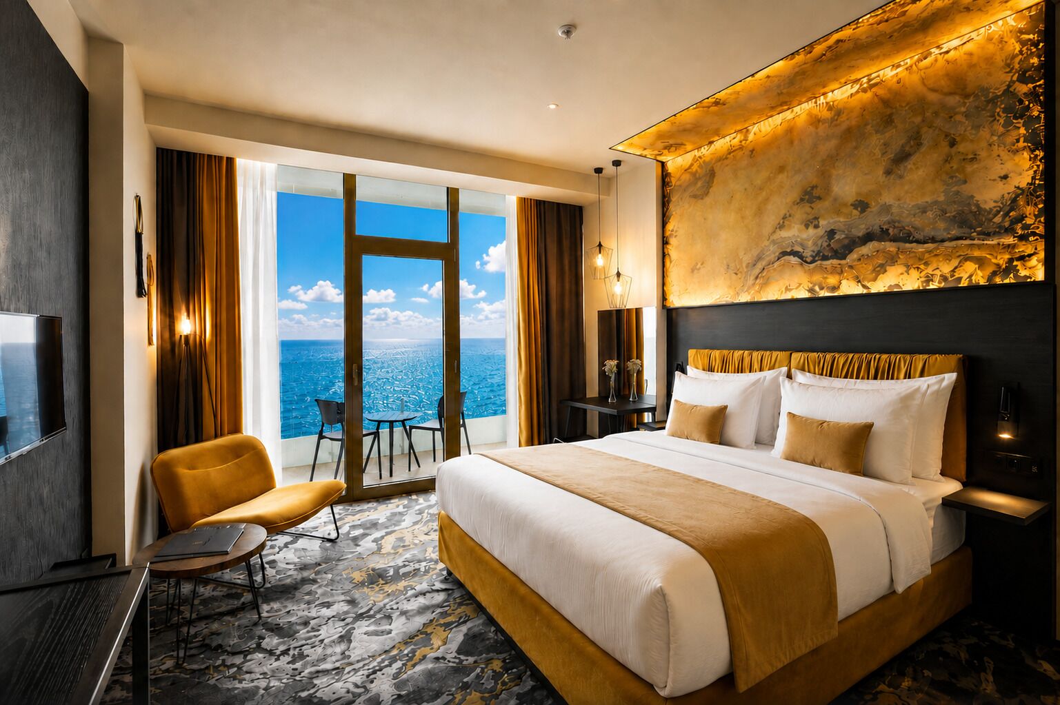 Premium Suite, Kitchenette, Sea View | Pillowtop beds, in-room safe, individually decorated