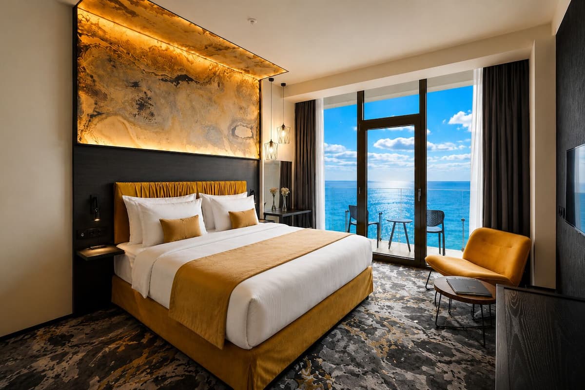 Ein Hotelzimmer mit einem großen Bett, einem Sessel, einem Schreibtisch, Blick auf den Ozean und einem außergewöhnlichen Wandkunstwerk.