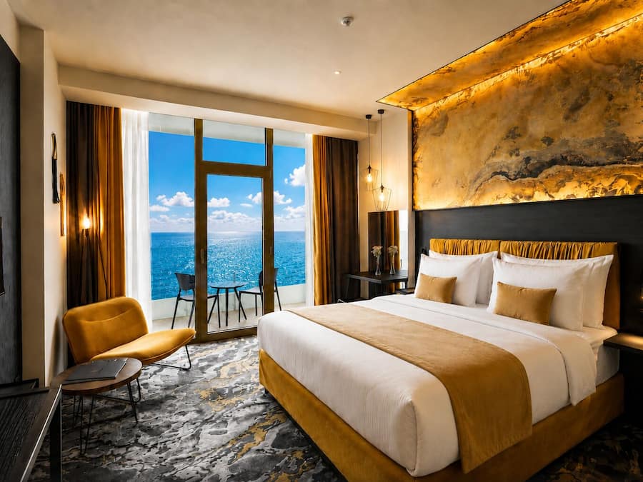 Premium-Suite, Kochnische, Meerblick | Pillowtop-Betten, Zimmersafe, individuell dekoriert