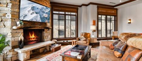 Télévision, cheminée, lecteur de DVD, chaîne hi-fi