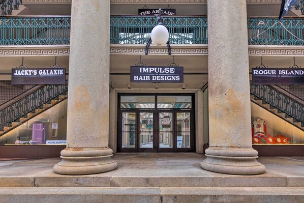 Classic architecture meets modern charm at this historic entrance.