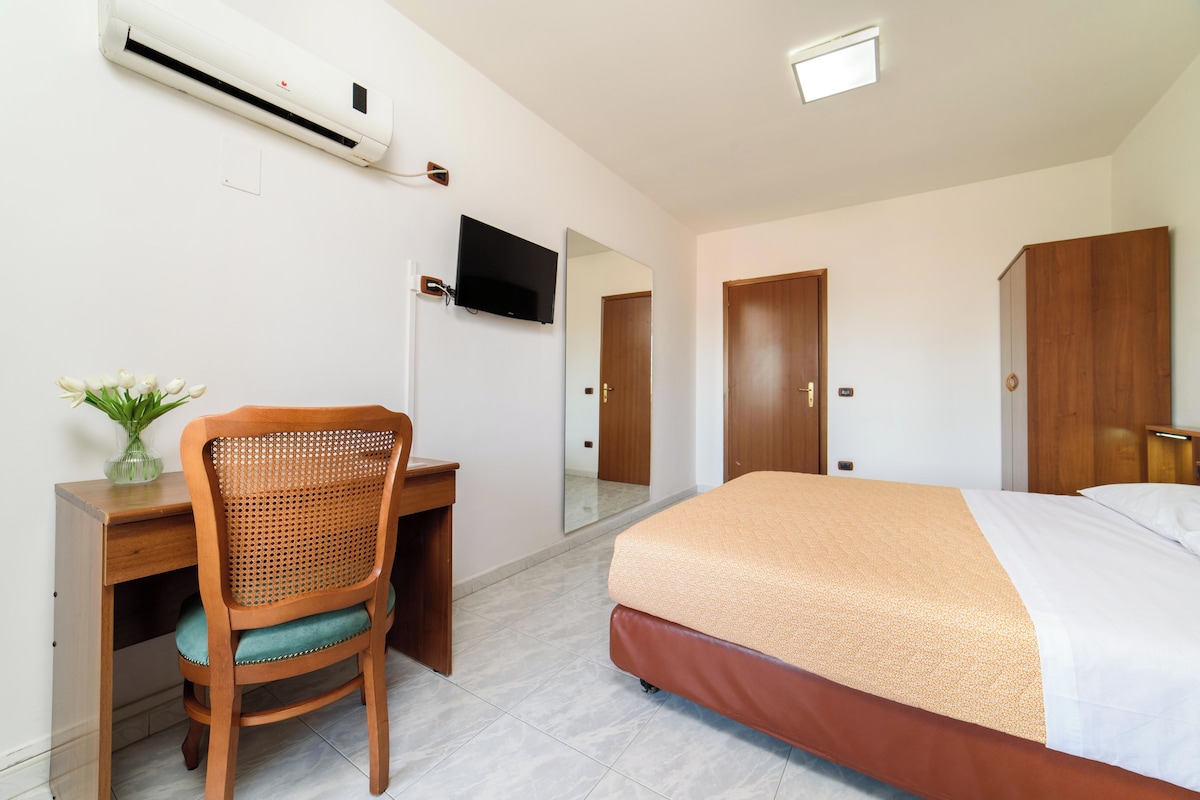 A hotel room with a bed, a desk, a chair, a TV, and a mirror.