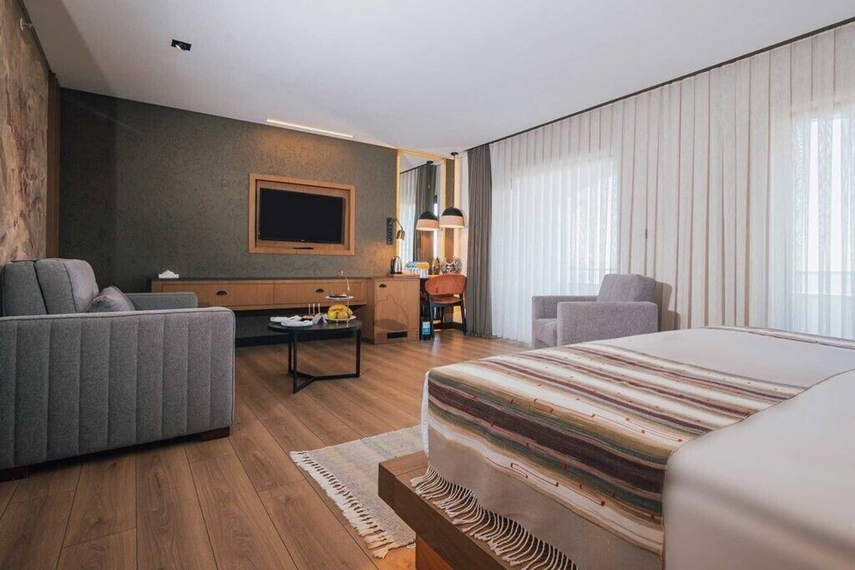 A modern hotel room with a large bed, a sofa, a desk, and a TV.