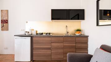 A compact kitchen with a built-in refrigerator, a microwave, and a sink.