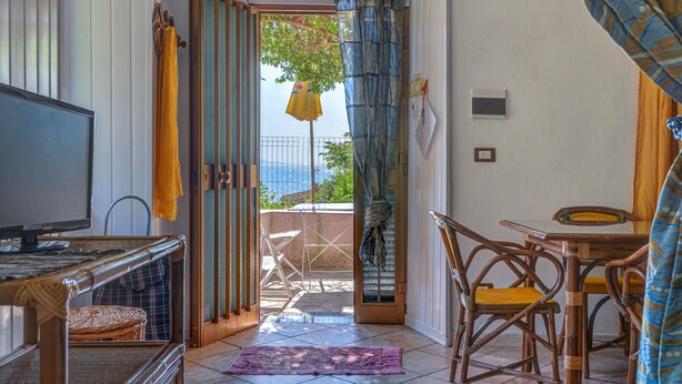 Una habitación con televisor, muebles de mimbre, una mesa de comedor y vistas al exterior.