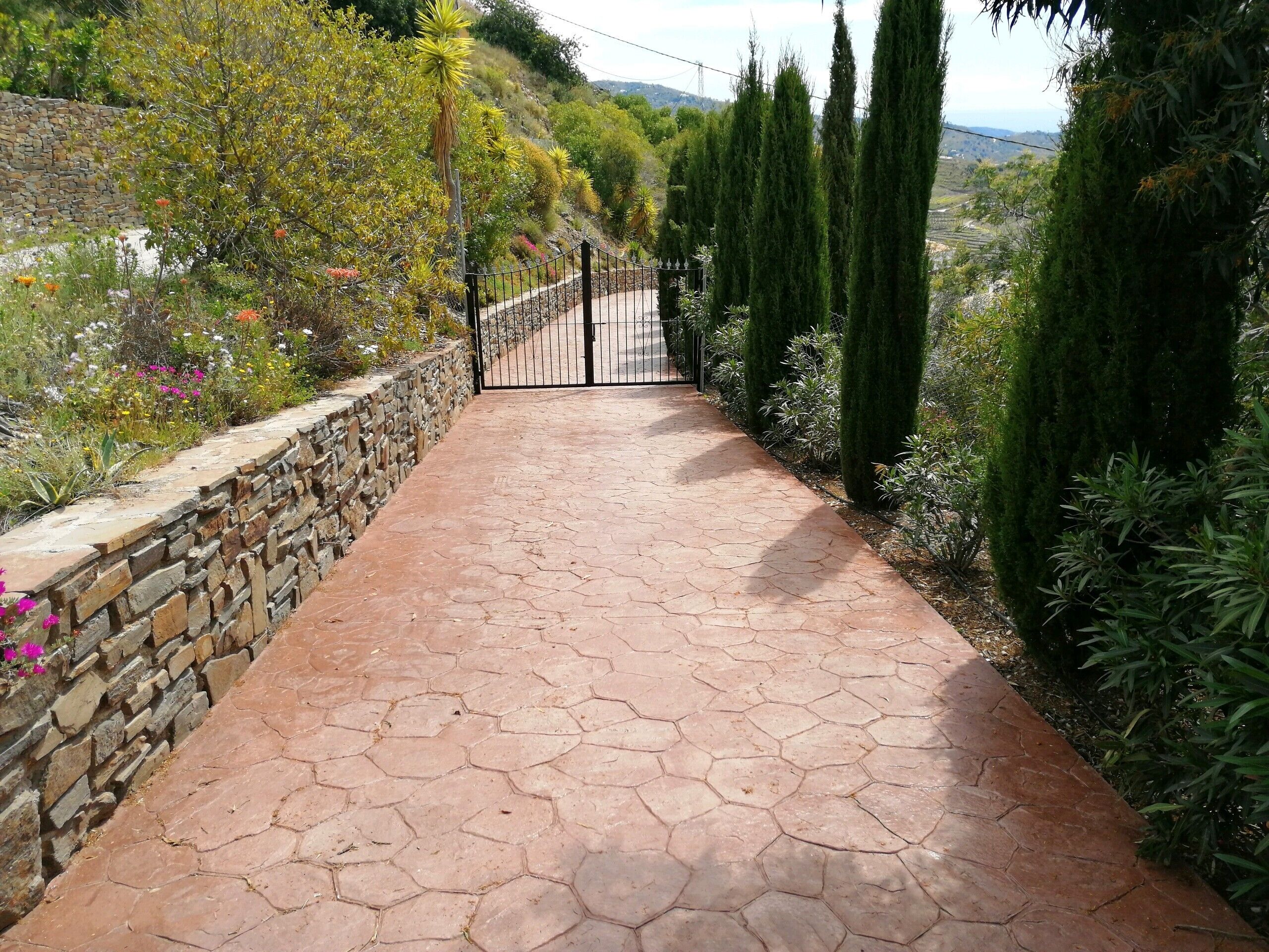 Un camí pavimentat que condueix a una entrada amb porta, envoltat per una paret de pedra i diverses plantes.
