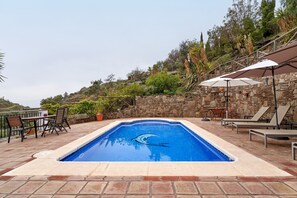 A swimming pool with a dolphin design, surrounded by stone walls and outdoor furniture.