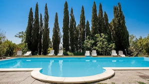 A swimming pool with lounge chairs, surrounded by tall trees.