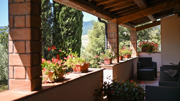 A covered outdoor seating area with brick pillars, potted plants, and a view of trees and mountains.