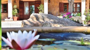 Un bâtiment en pierre, avec un gros rocher au premier plan, une fleur de lotus flottant sur l’eau et des plantes en pot tout autour.