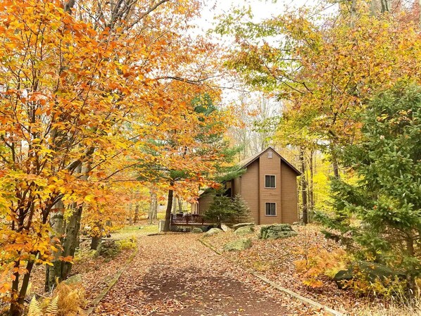 A rustic cabin surrounded by autumn foliage. - Mountain Cabin in Pocono Resort (Gouldsboro)