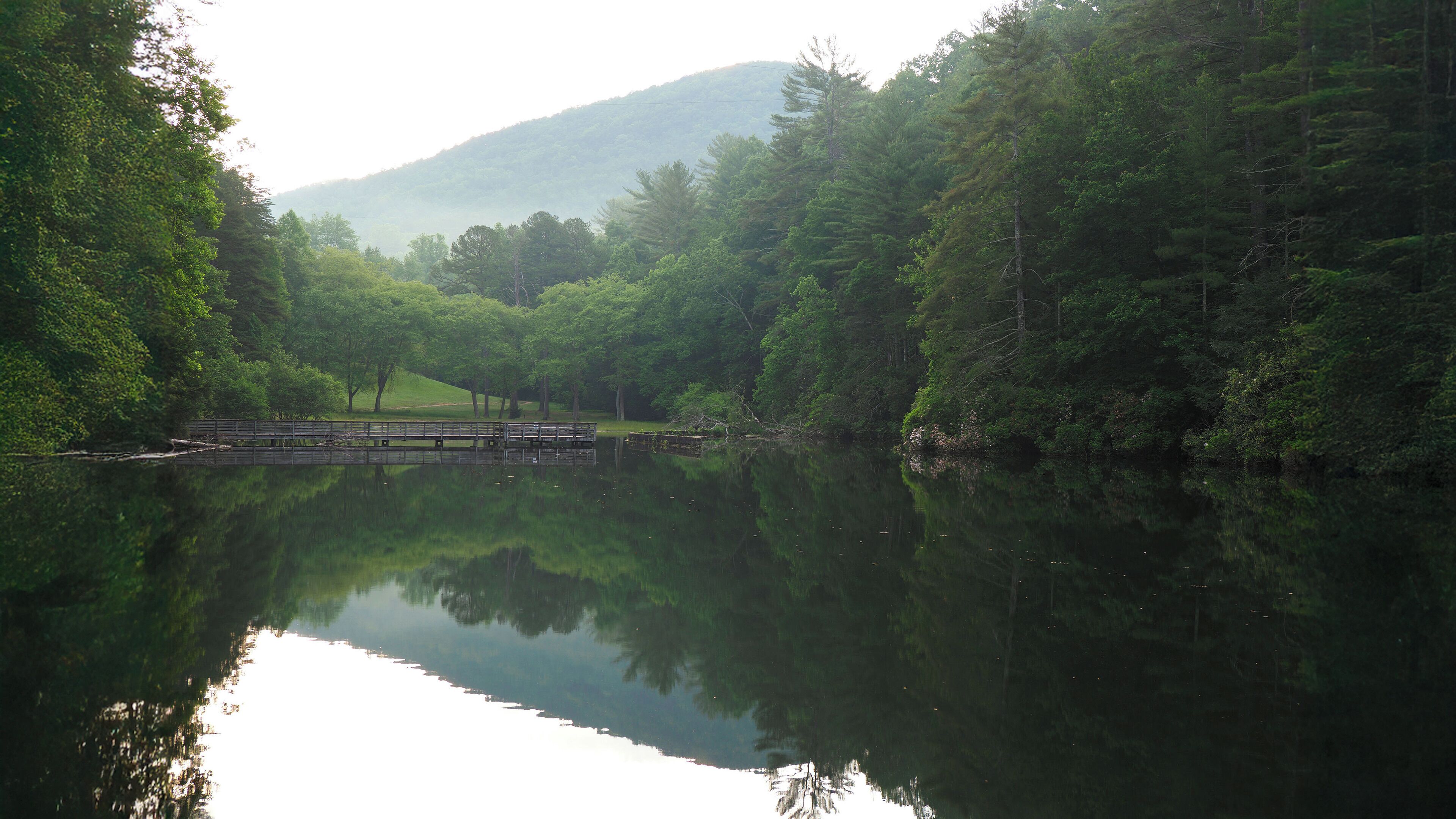 A tranquil lake surrounded by dense forest and a wooden bridge.