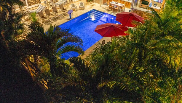 A pool area with lounge chairs and umbrellas, surrounded by lush greenery.