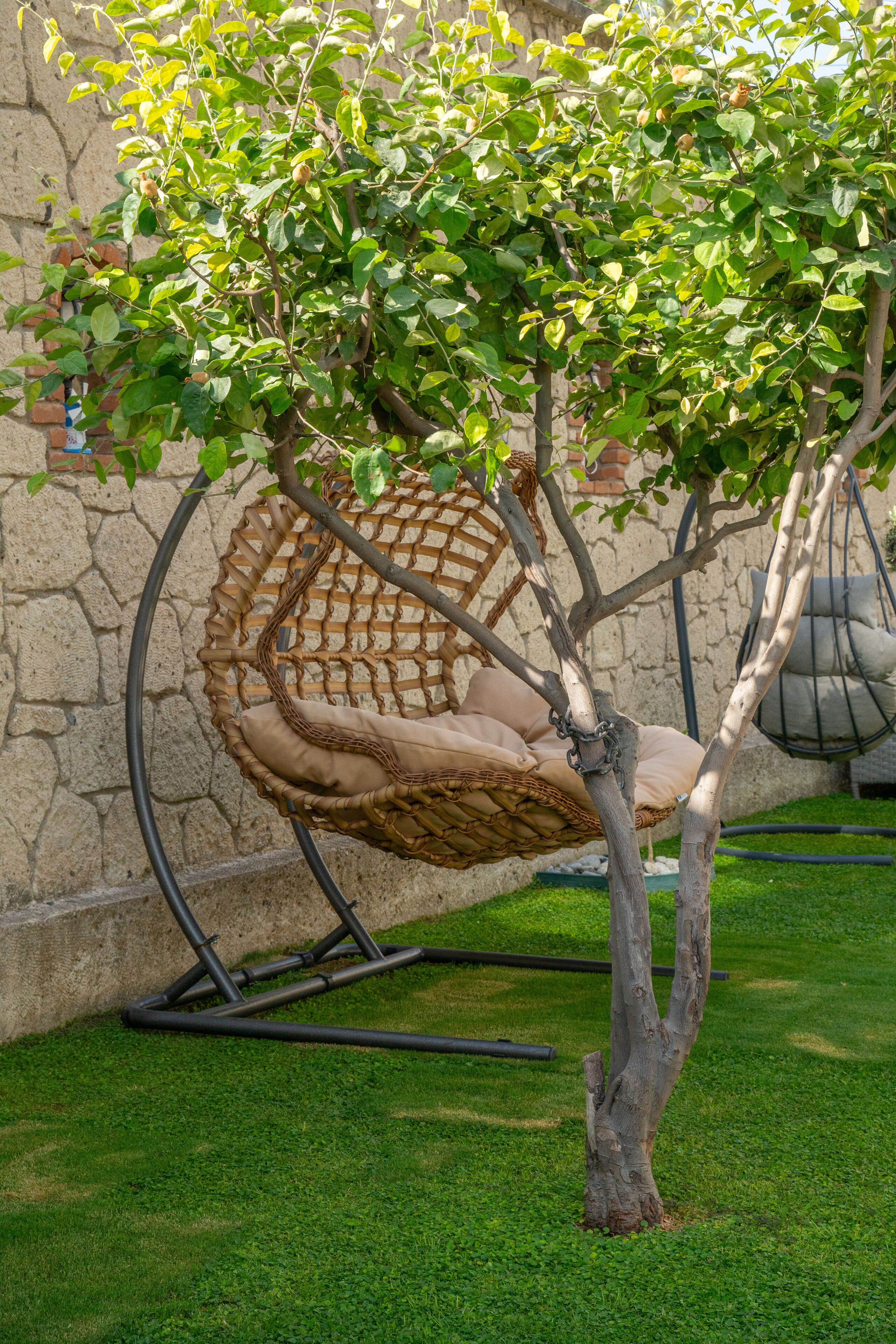 A hanging chair attached to a tree in a garden area with a stone wall in the background.
