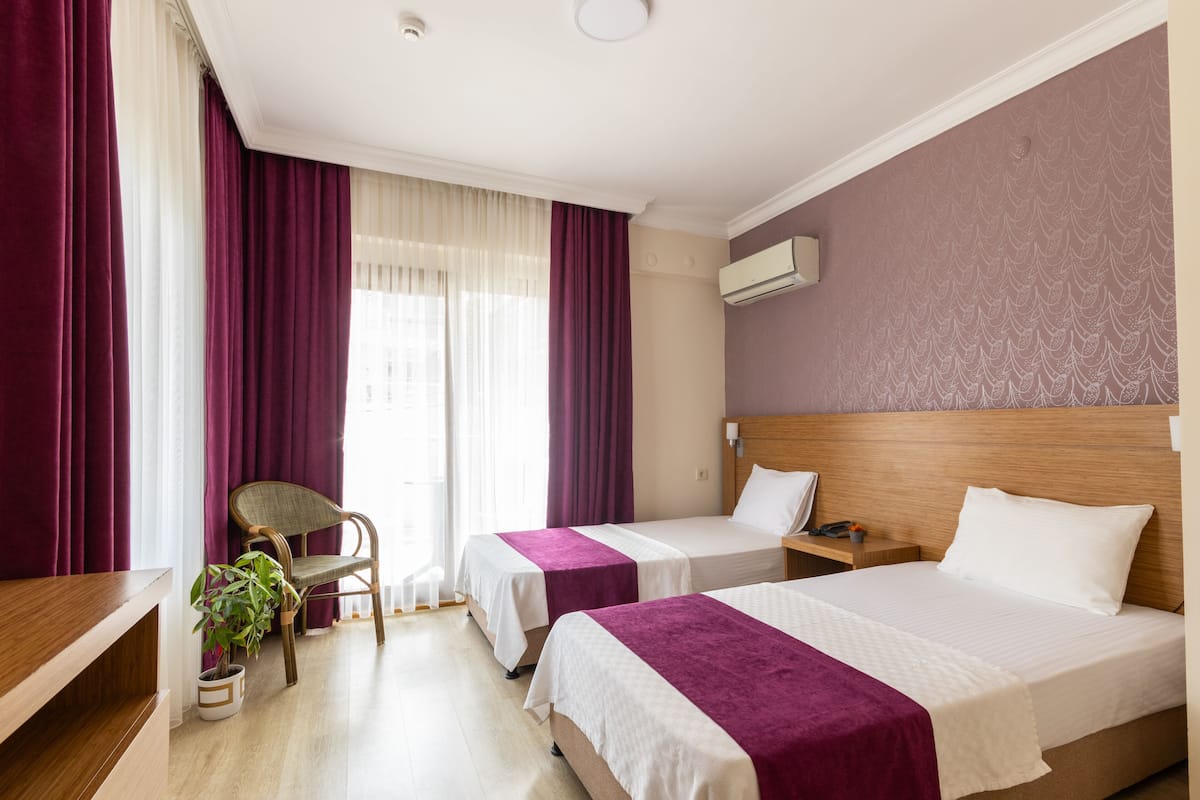 Standardværelse med 2 enkeltsenge - 2 enkeltsenge - udsigt til have | Pengeskab på værelset, skrivebord, arbejdsområde til bærbare computere