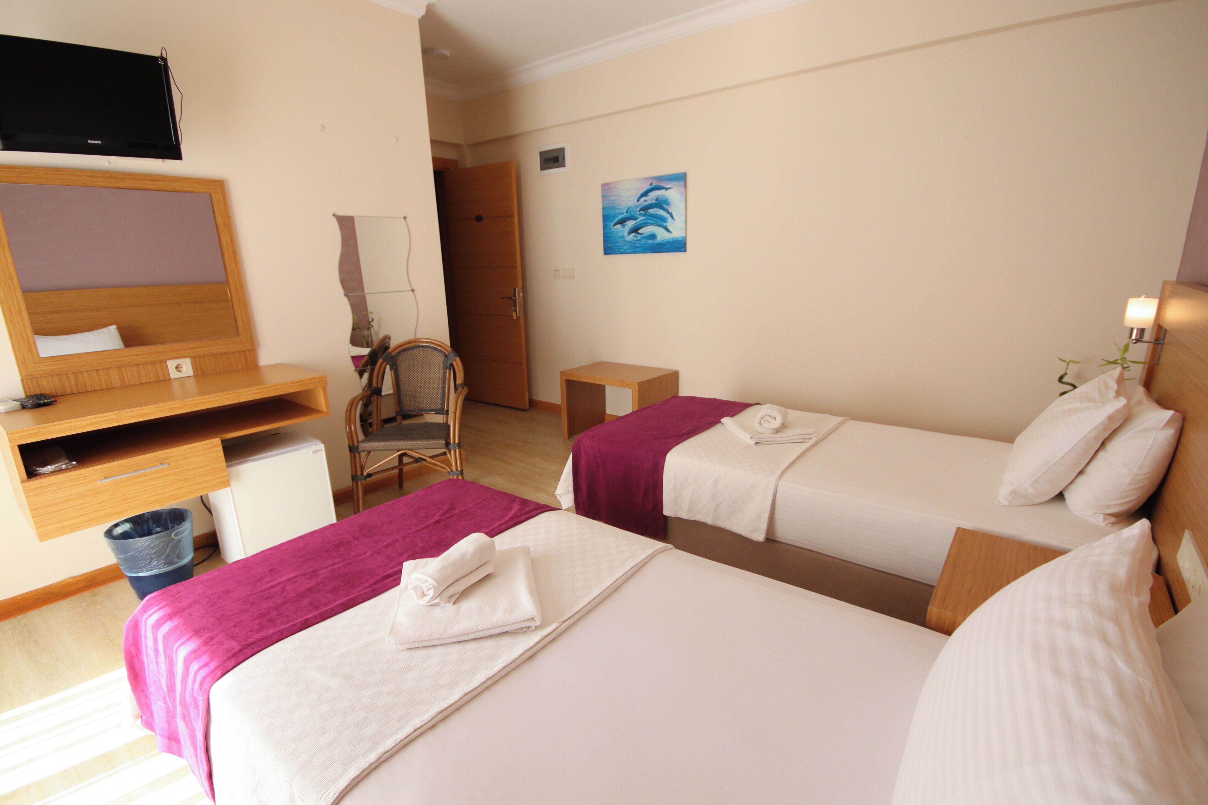 Habitación de hotel con dos camas, un escritorio, una silla, un televisor y un cuadro en la pared.