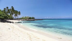 Una playa con agua turquesa cristalina, arena blanca y palmeras.
