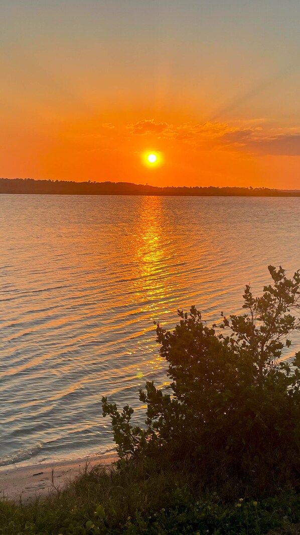 Experience serene sunsets by the water, surrounded by lush greenery and a tranquil atmosphere.