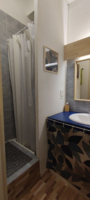 Shower, hair dryer, soap, shampoo