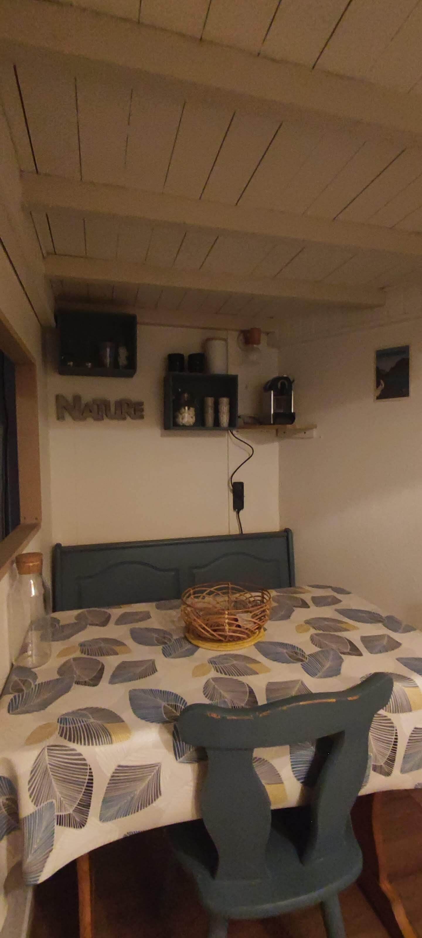 Un coin repas avec une table recouverte d’une nappe à motifs de feuilles, une chaise bleue, un panier en osier et une étagère murale contenant des ustensiles de cuisine.