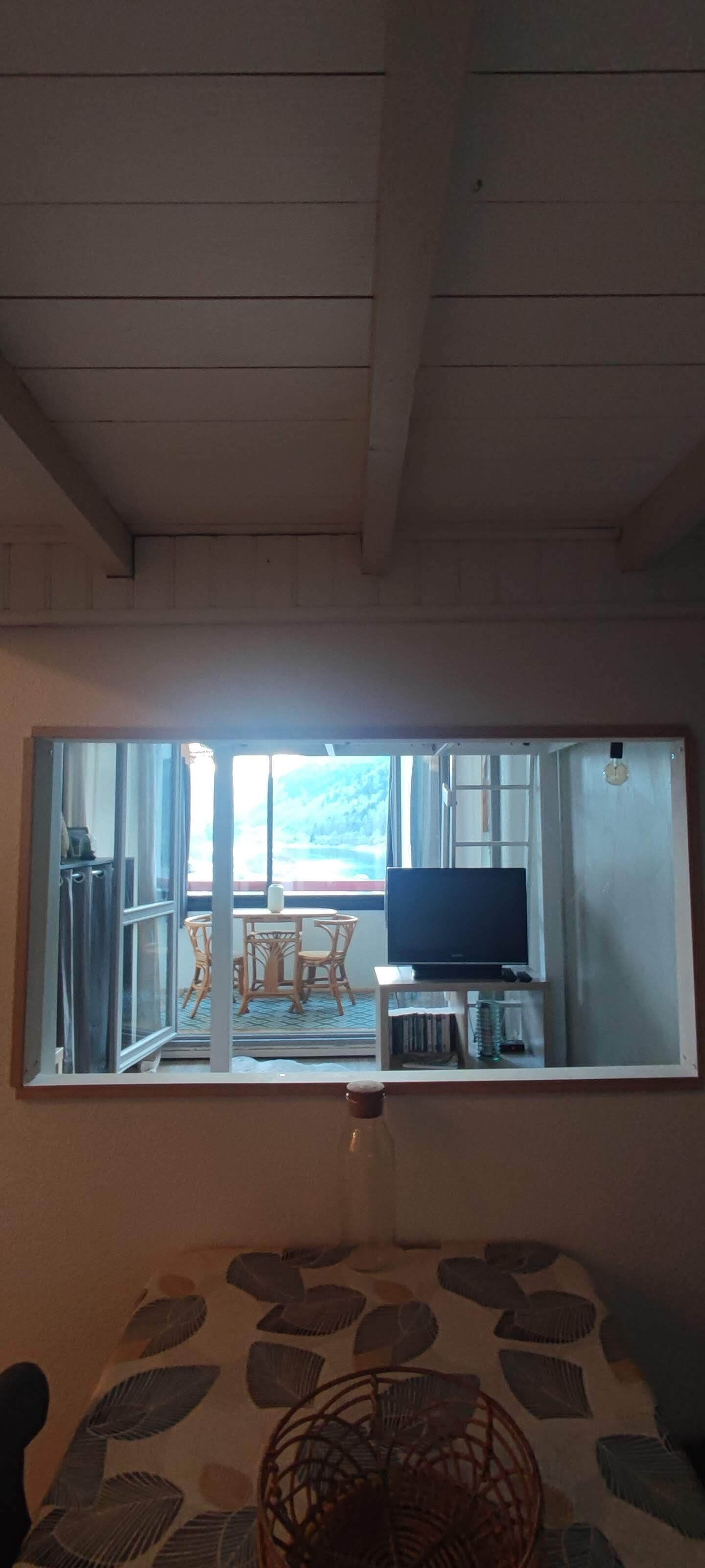 Een kamer met een grote spiegel die een eethoek weerspiegelt, een televisie op een standaard en een kamerbreed tapijt met dessin.