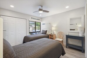 Une chambre avec deux lits, un ventilateur de plafond, un bureau avec une chaise et une fenêtre avec des stores.