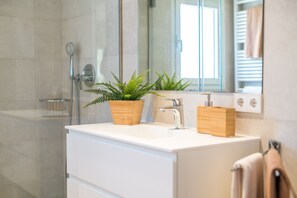 Shower, hair dryer, towels