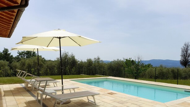 A swimming pool with lounge chairs and umbrellas, surrounded by a tiled patio and a grassy area. - Villa (Reggello)