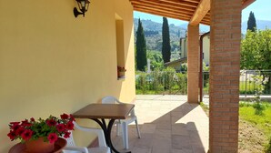 A covered patio with a table and chairs, a potted plant, and a view of the countryside. - Villa (Reggello)