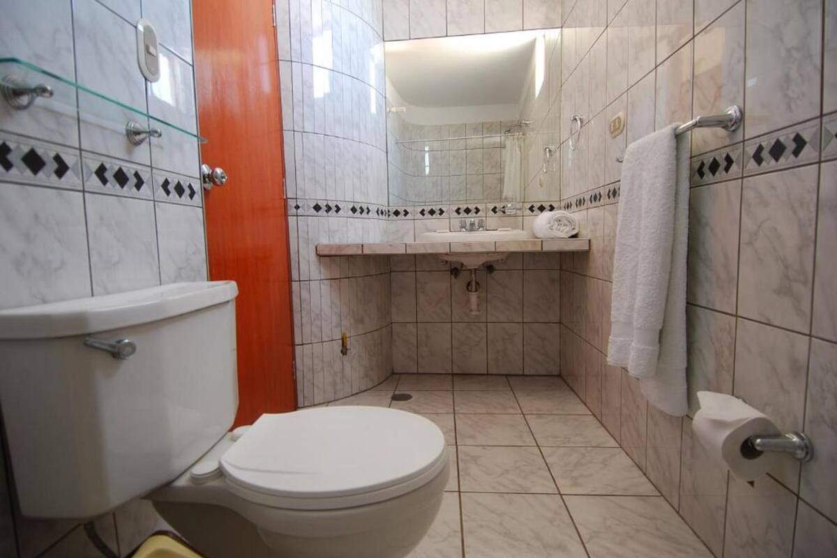 A bathroom with a toilet, sink, and mirror.