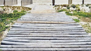 Une promenade en bois qui mène à une plage, avec un ciel bleu dégagé et l’océan en arrière-plan.