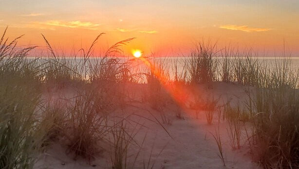 Un atardecer sobre una playa con arena y césped al frente.