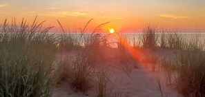 Un coucher de soleil sur une plage, avec du sable et de l’herbe au premier plan.