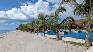 A beach resort with a swimming pool, palm trees, and a beach.