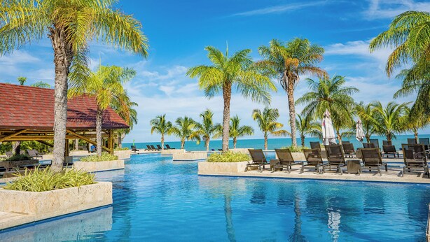 A pool area with lounge chairs and palm trees, overlooking a clear blue sky and ocean.