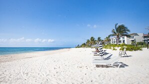 Une plage de sable blanc, un ciel bleu azur et quelques palmiers. Des chaises longues et des parasols sont disposés le long du rivage.